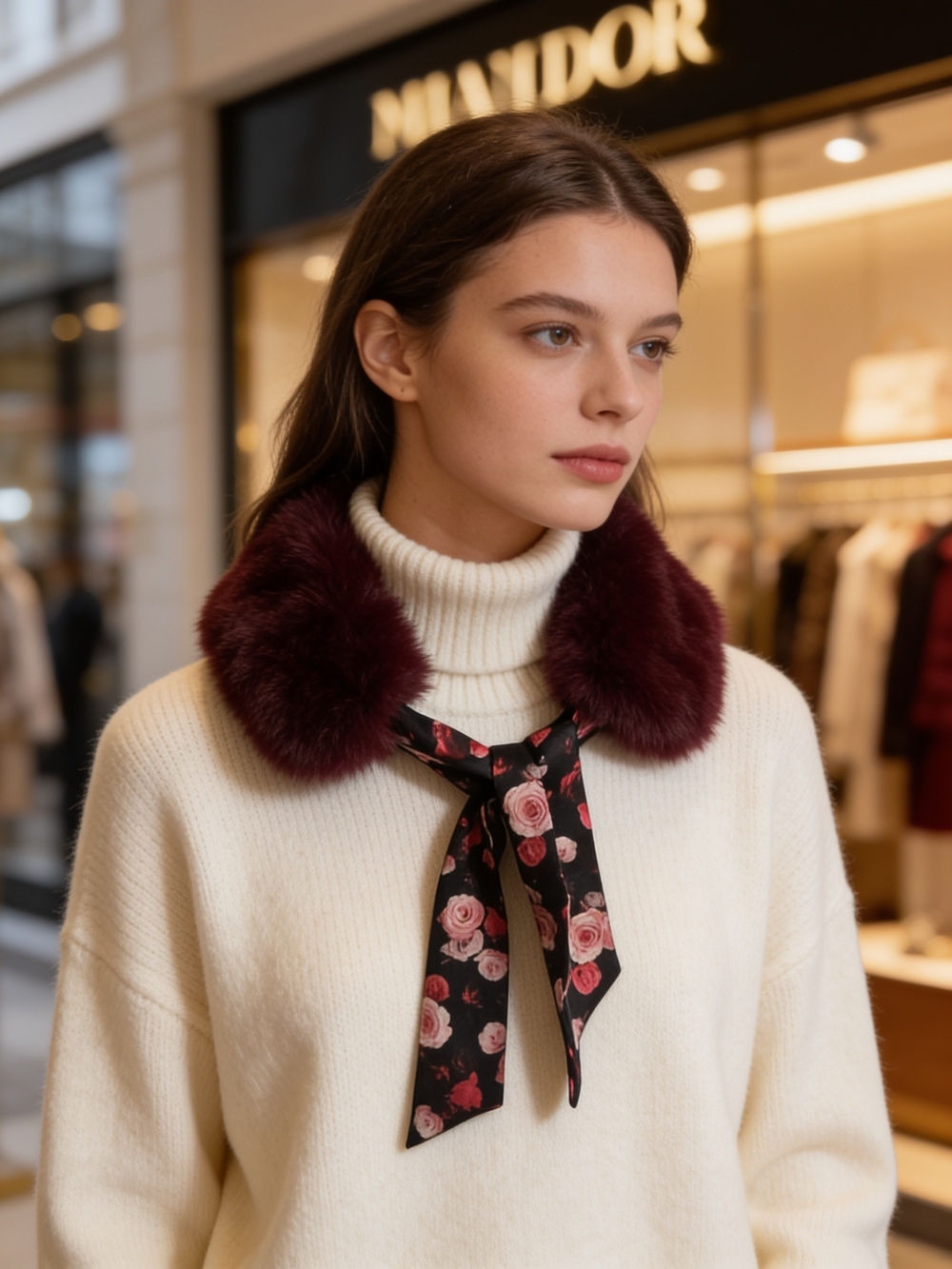 White House Black Market Burgundy Faux Fur Collar with Floral Tie With Cuff Set.